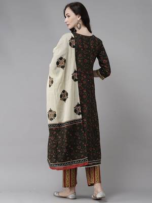 Indo Era Green Printed A-line Kurta Trouser With Dupatta Set 2