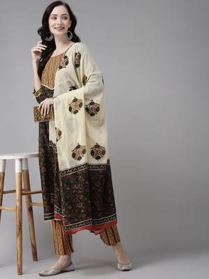 Indo Era Green Printed A-line Kurta Trouser With Dupatta Set 4