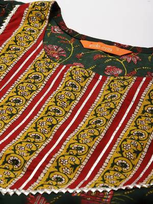 Indo Era Green Printed A-line Kurta Trouser With Dupatta Set 5