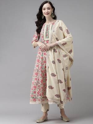 Indo Era Red Printed A-line Kurta Trouser With Dupatta Set 1