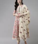 Indo Era Red Printed A-line Kurta Trouser With Dupatta Set