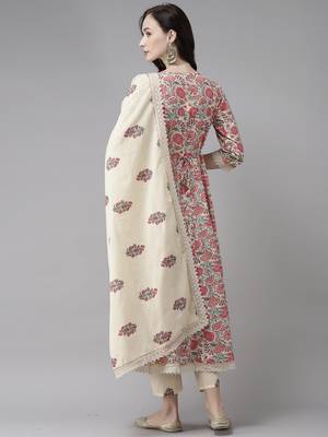 Indo Era Red Printed A-line Kurta Trouser With Dupatta Set 2