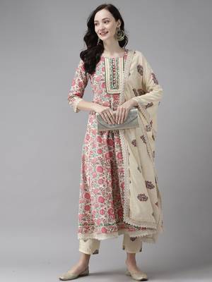 Indo Era Red Printed A-line Kurta Trouser With Dupatta Set 4