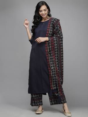 Indo Era Navy Blue Solid Straight Kurta Palazzo With Dupatta Set 1