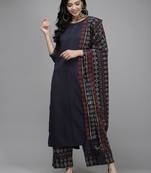 Indo Era Navy Blue Solid Straight Kurta Palazzo With Dupatta Set