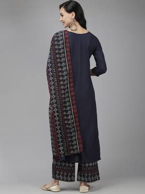 Indo Era Navy Blue Solid Straight Kurta Palazzo With Dupatta Set 2