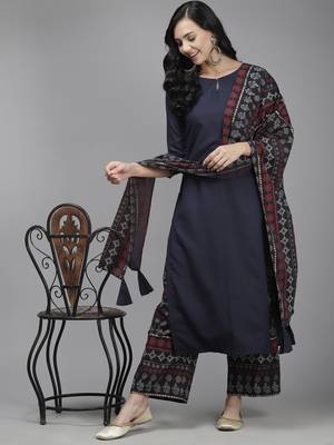 Indo Era Navy Blue Solid Straight Kurta Palazzo With Dupatta Set 4