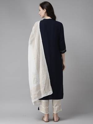 Indo Era Navy Blue Embroidered Straight Kurta Trouser With Dupatta Set 2