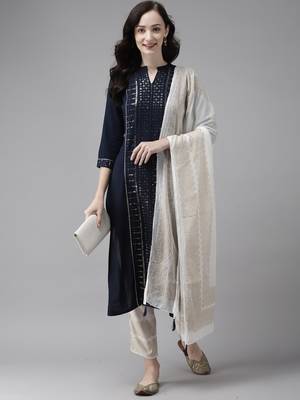 Indo Era Navy Blue Embroidered Straight Kurta Trouser With Dupatta Set 4