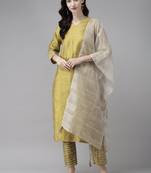 Indo Era Olive Solid Straight Kurta Trouser With Dupatta Set