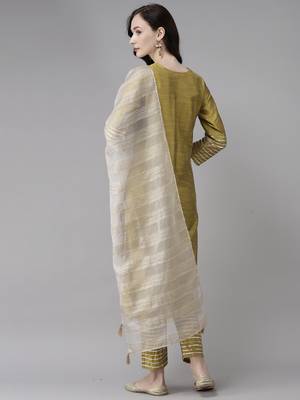 Indo Era Olive Solid Straight Kurta Trouser With Dupatta Set 2