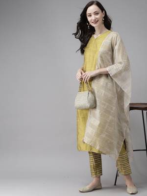 Indo Era Olive Solid Straight Kurta Trouser With Dupatta Set 4