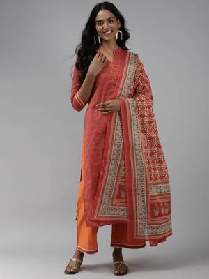 Indo Era Orange Printed Straight Kurta Palazzo With Dupattra Set 1