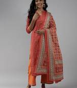 Indo Era Orange Printed Straight Kurta Palazzo With Dupattra Set
