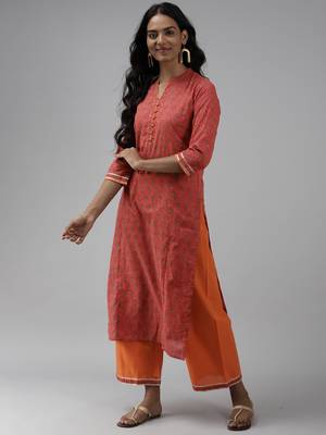 Indo Era Orange Printed Straight Kurta Palazzo With Dupattra Set 3