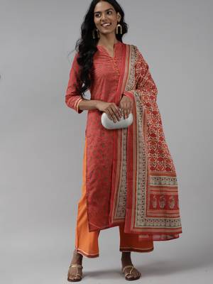 Indo Era Orange Printed Straight Kurta Palazzo With Dupattra Set 4