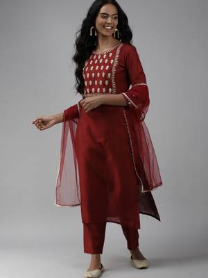 Indo Era Maroon Embroidered Straight Kurta Palazzo With Dupatta Set 1