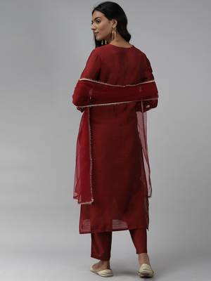Indo Era Maroon Embroidered Straight Kurta Palazzo With Dupatta Set 2