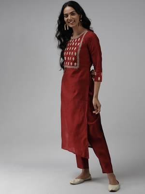 Indo Era Maroon Embroidered Straight Kurta Palazzo With Dupatta Set 3