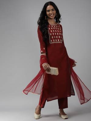 Indo Era Maroon Embroidered Straight Kurta Palazzo With Dupatta Set 4