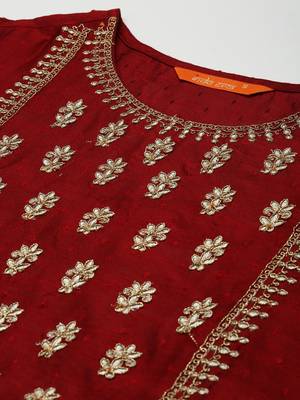 Indo Era Maroon Embroidered Straight Kurta Palazzo With Dupatta Set 5