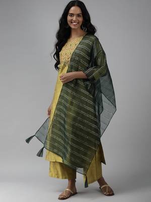 Indo Era Olive Embroidered Straight Kurta Palazzo With Dupatta Set 1