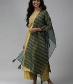 Indo Era Olive Embroidered Straight Kurta Palazzo With Dupatta Set