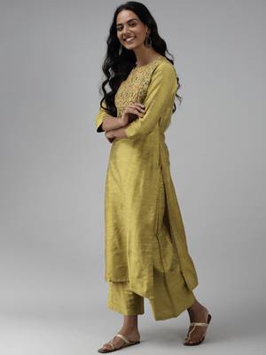 Indo Era Olive Embroidered Straight Kurta Palazzo With Dupatta Set 3