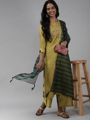 Indo Era Olive Embroidered Straight Kurta Palazzo With Dupatta Set 4