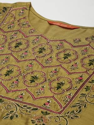 Indo Era Olive Embroidered Straight Kurta Palazzo With Dupatta Set 5