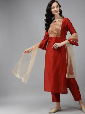 Indo Era Orange Embroidered Straight Kurta With Trouser Set 1
