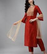 Indo Era Orange Embroidered Straight Kurta With Trouser Set