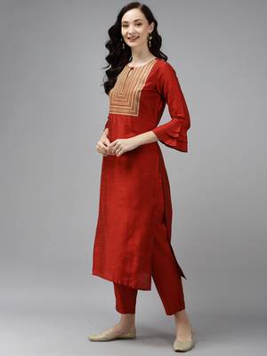 Indo Era Orange Embroidered Straight Kurta With Trouser Set 3