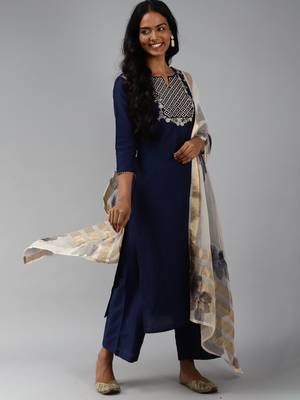 Indo Era Navy Blue Embroidered Straight Kurta Palazzo With Dupatta Set 1
