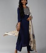 Indo Era Navy Blue Embroidered Straight Kurta Palazzo With Dupatta Set