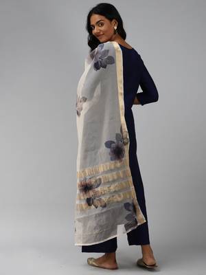 Indo Era Navy Blue Embroidered Straight Kurta Palazzo With Dupatta Set 2