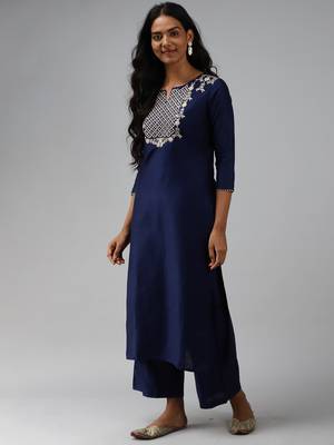 Indo Era Navy Blue Embroidered Straight Kurta Palazzo With Dupatta Set 3