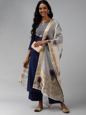 Indo Era Navy Blue Embroidered Straight Kurta Palazzo With Dupatta Set 4
