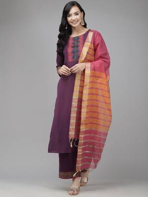 Indo Era Purple Solid Straight Kurta Palazzo With Dupatta Set 1