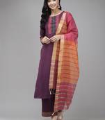 Indo Era Purple Solid Straight Kurta Palazzo With Dupatta Set
