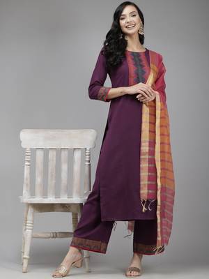Indo Era Purple Solid Straight Kurta Palazzo With Dupatta Set 4