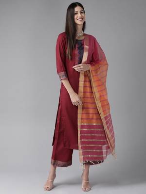 Indo Era Maroon Solid Straight Kurta Palazzo With Dupatta Set 1