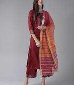 Indo Era Maroon Solid Straight Kurta Palazzo With Dupatta Set