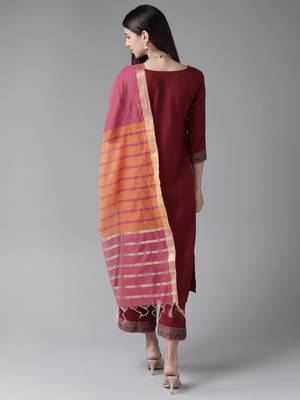 Indo Era Maroon Solid Straight Kurta Palazzo With Dupatta Set 2