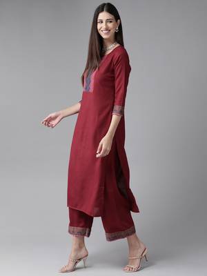 Indo Era Maroon Solid Straight Kurta Palazzo With Dupatta Set 3
