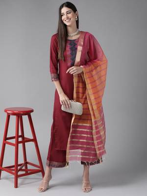 Indo Era Maroon Solid Straight Kurta Palazzo With Dupatta Set 4