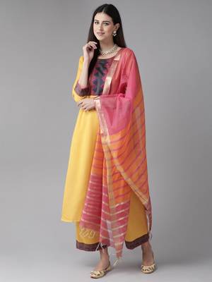 Indo Era Yellow Solid Straight Kurta Palazzo With Dupatta Set 1