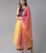 Indo Era Yellow Solid Straight Kurta Palazzo With Dupatta Set