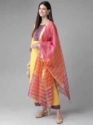 Indo Era Yellow Solid Straight Kurta Palazzo With Dupatta Set 3