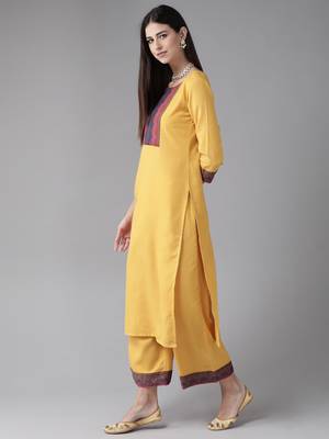 Indo Era Yellow Solid Straight Kurta Palazzo With Dupatta Set 4